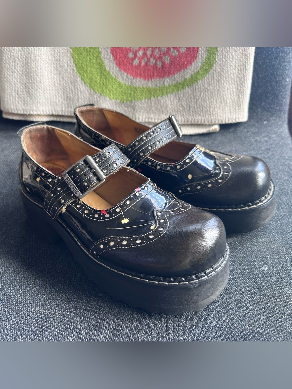 Fluevog F-shoe Hi Akira black leather/floral patent chunky MJ buckle loafer -8.5
